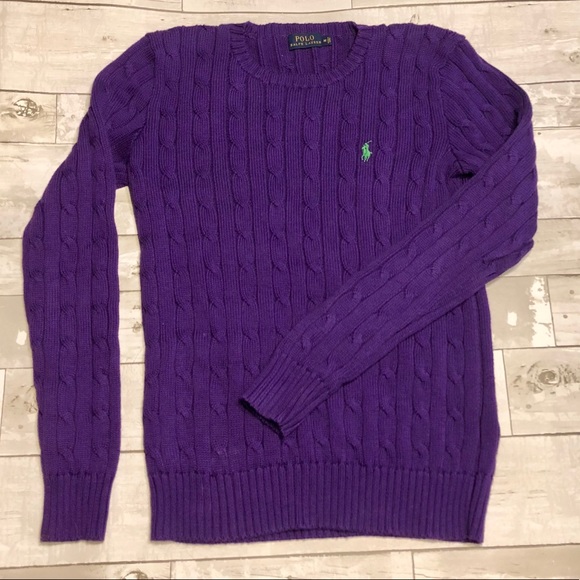 Ralph Lauren Black Cable Knit Crewneck Sweater Purple Pony NWT